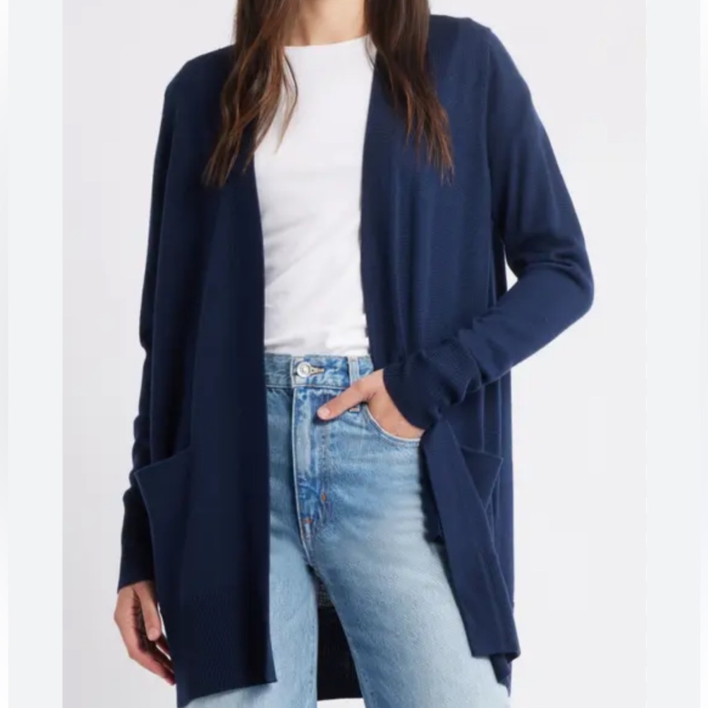 Not Monday Silk Linen Duster Cardigan Navy Patch Pocket Open Front Luxury-L/XL